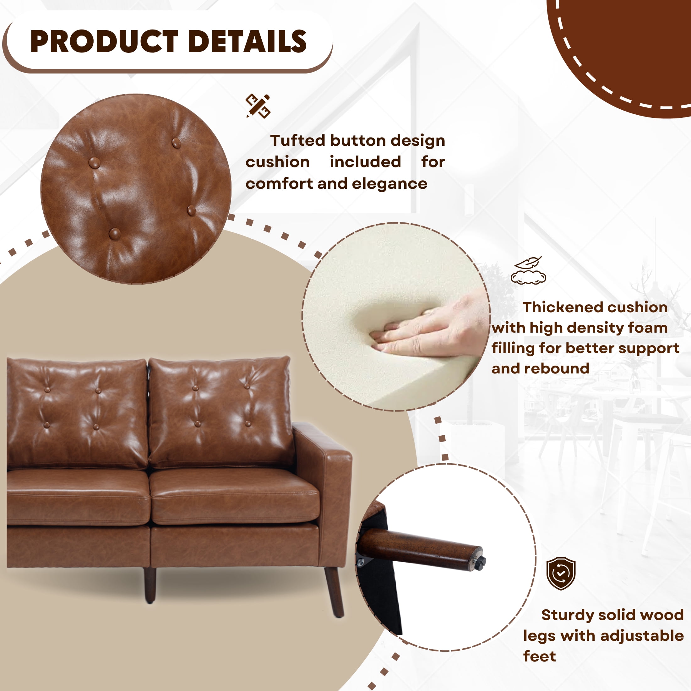 Guyou Modern 53” Loveseat Sofa, Comfy Upholstered Button Tufted Faux Leather 2 Seater Small Sofa Couch, Lounge Sleeper Love Seats for Small Spaces Living Room Apartment Bedroom, Brown