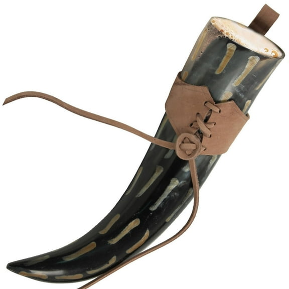 Armory Replicas Medieval 100% Natural Cow Drinking Horn with Brown Holder - 11 Inches, Handcrafted Ale Mug with Belt Loop