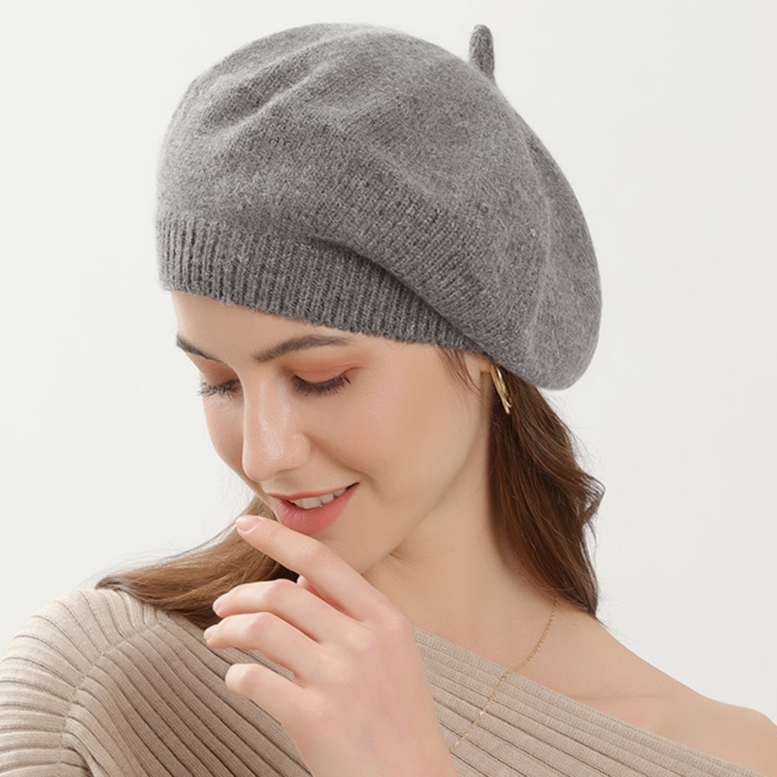 Plush Mink Cashmere Beret Women Hand Knitting Winter Warm Fashions Cap One Size 
