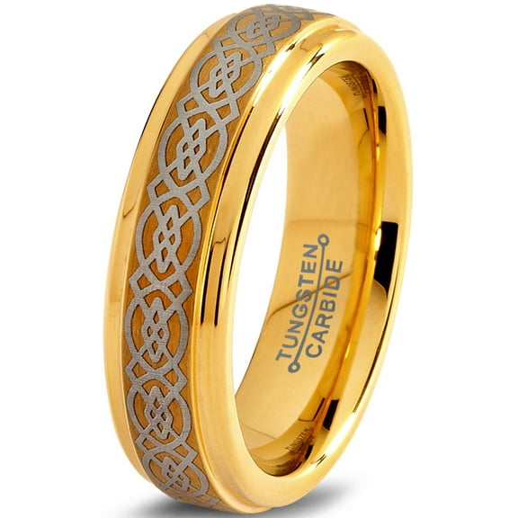 Charming Jewelers Tungsten Wedding Band Ring 6mm for Men Women Comfort Fit Celtic 18K Yellow Gold Plated Step Beveled Edge Brushed Polished Lifetime Guarantee Size 4