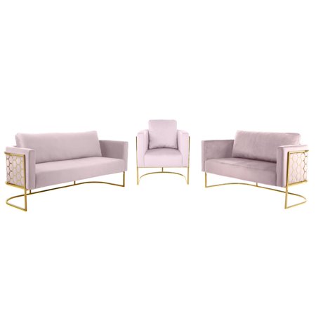 Glam Gold & Pink Velvet Sofa Set 3Pcs CASA Meridian Contemporary