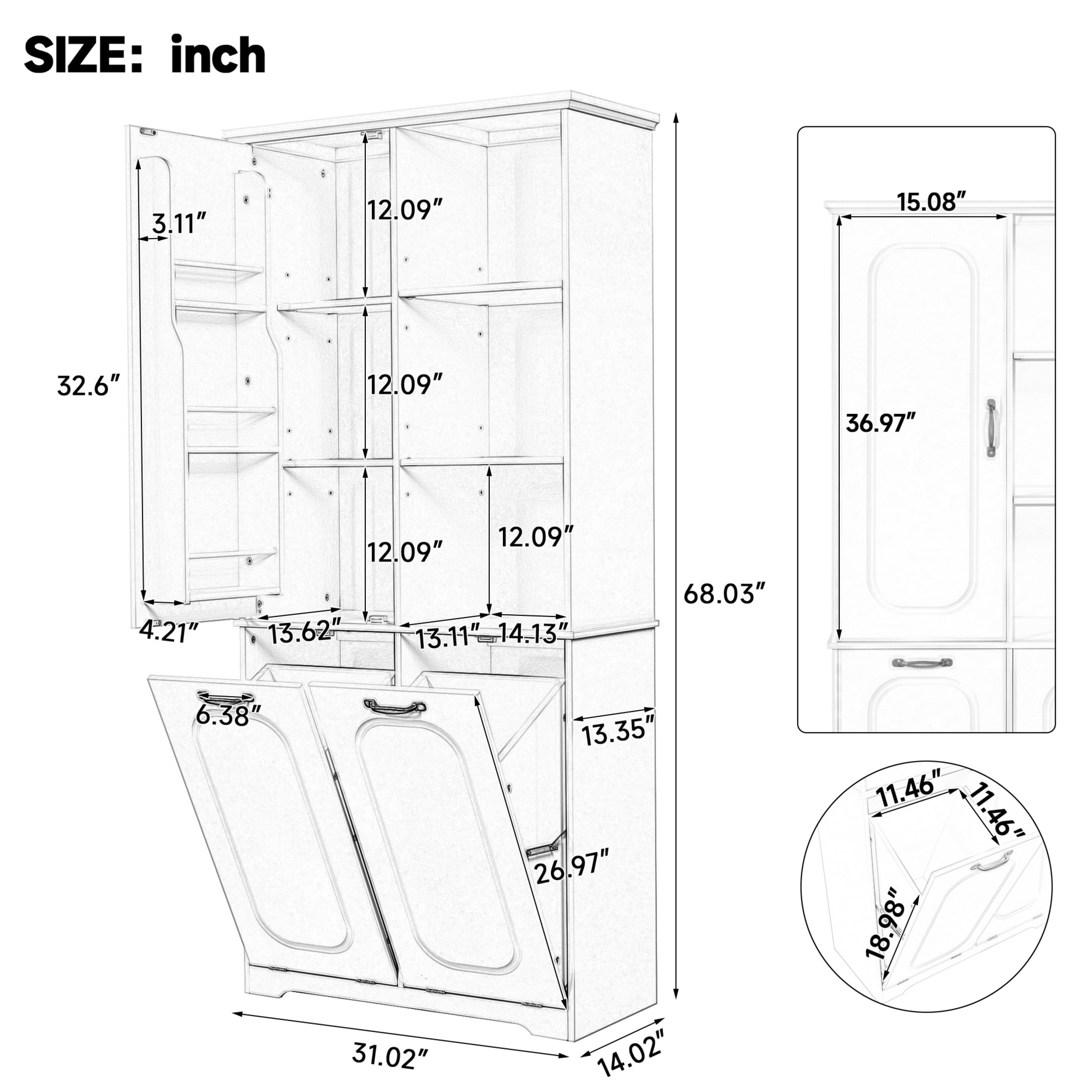 Christopher Knight Home 68" Tall Storage Cabinet with Tilt-Out Hampers, Adjustable Shelves, White