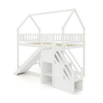 Spaco Twin Over Twin Bunk Bed with Slide and Staircase, Bunk Bed Frame for Indoor as Bedroom, White
