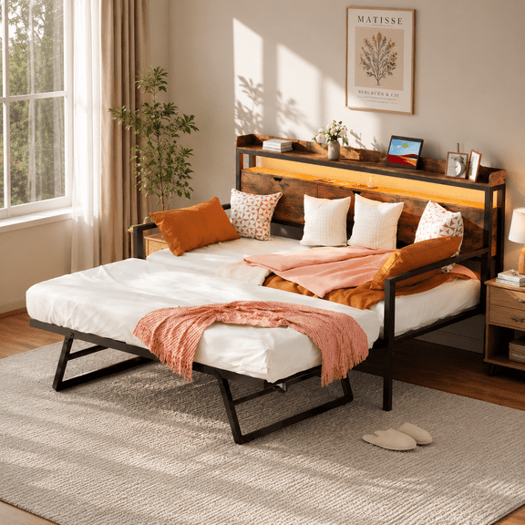 Guqiart Twin to King Daybed with Pop Up Trundle, Metal Bed Frame with Charging Station & LED Lights, Sofa Bed with Storage Headboard, Extendable Twin Trundle Bed for Bedroom, Rustic Brown