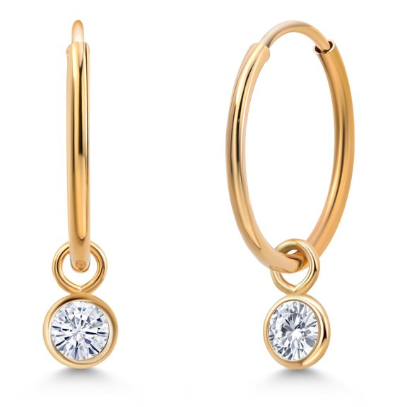 Gem Stone King 14K Yellow Gold White Moissanite Snap Closure Continuous Endless Drop Dangle Hoop Earrings for Women (0.20 Cttw, Round 3MM)
