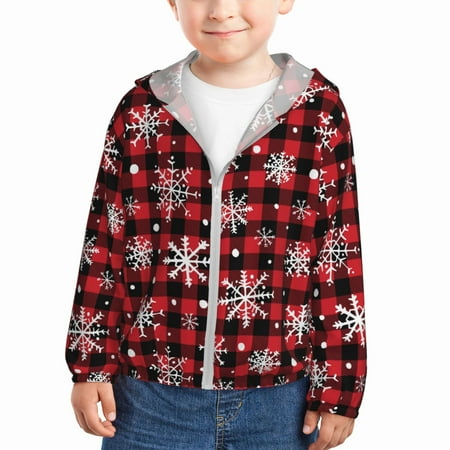 

Goofa Buffalo Plaid Snowflakes Printed Kids Zip-Up Hoodie Girls Boys UPF50+ Sun Protection Jacket Hooded Cooling Shirt-5 Years