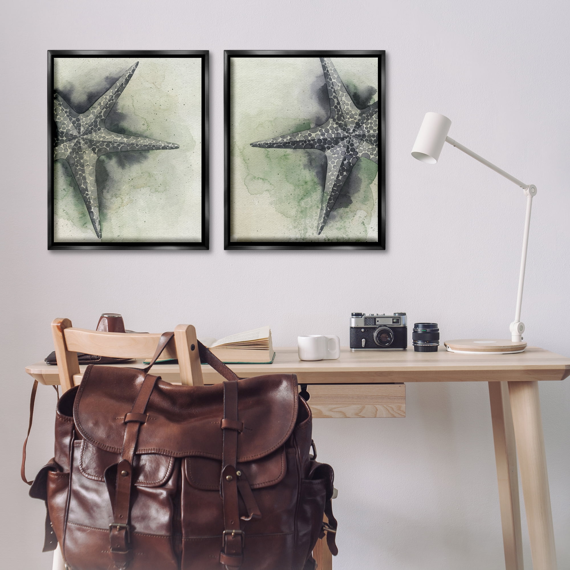 Stupell Industries Detailed Starfish Sand Beach Nautical & Beach Painting Black Floater Framed Canvas Art Print Wall Art, 31 x 25, Set of 2