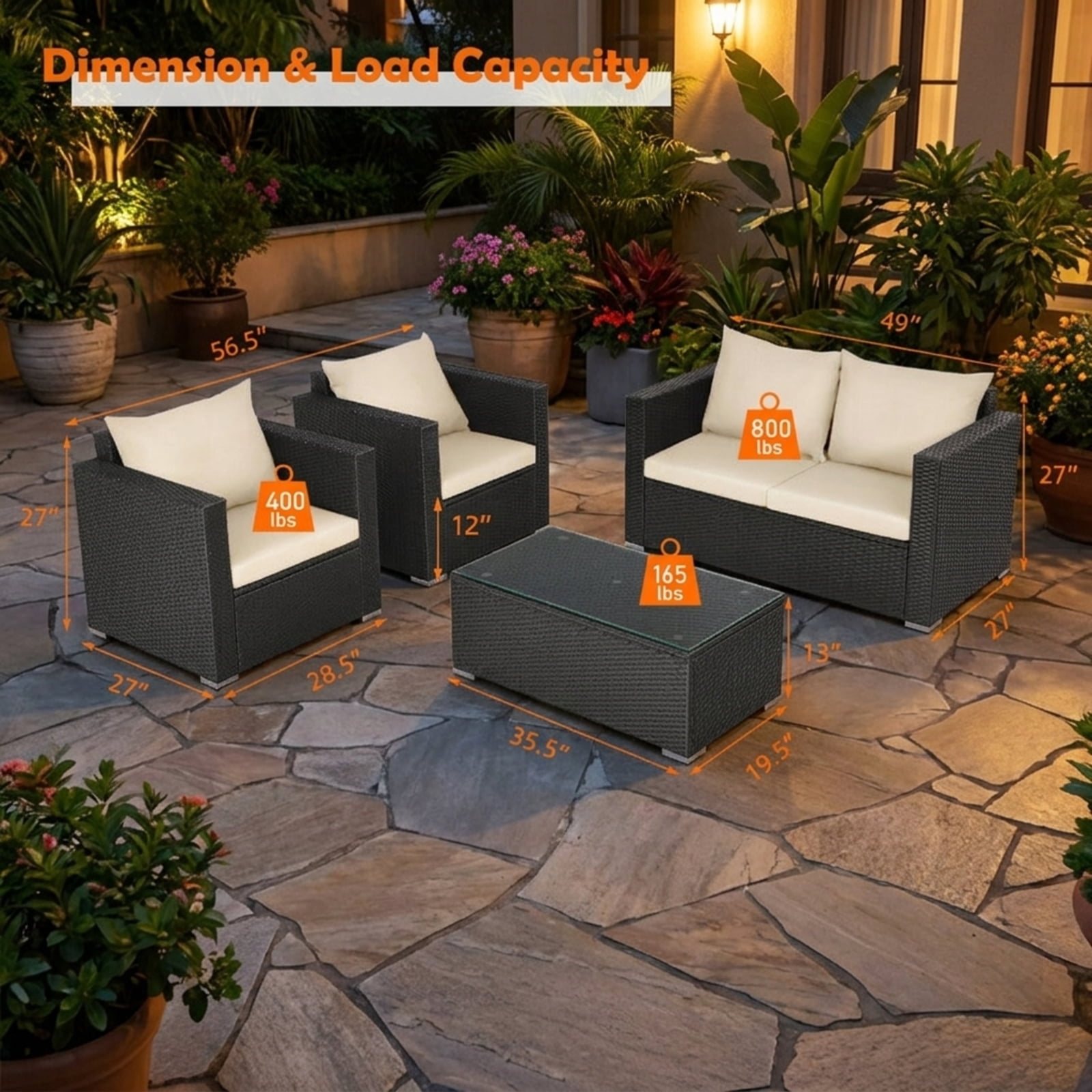 Furnibear 4 Pieces Patio Rattan Conversation Set Outdoor Wicker Furniture Sofa Set with Padded Cushions and Tempered Glass Coffee Table for Garden Backyard, White