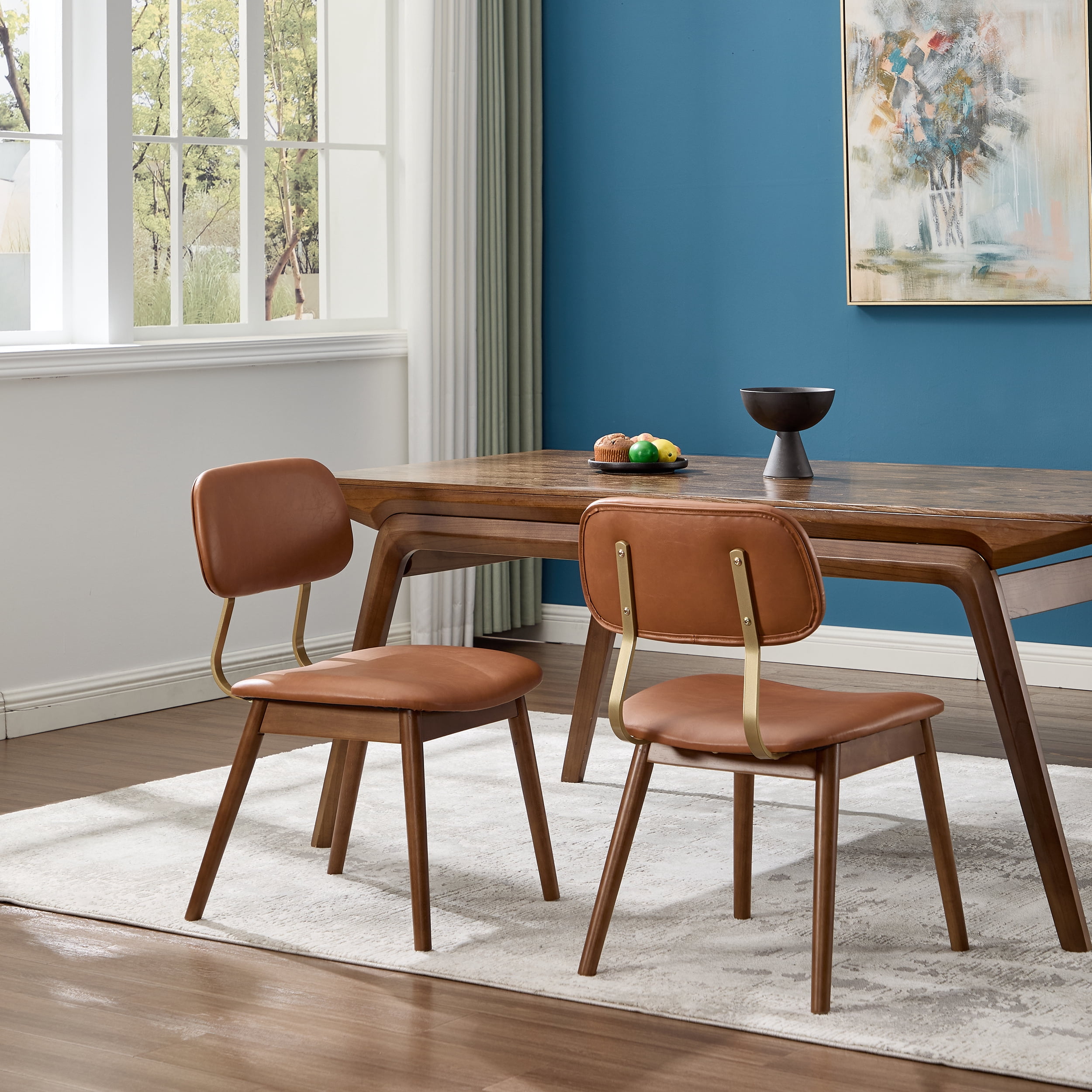 Garitin Dining Chair Set of 2 and Wooden Side Chairs, Vinyl Upholstered Seating with Curved Backrest for Kitchen and Dining Room, Brown