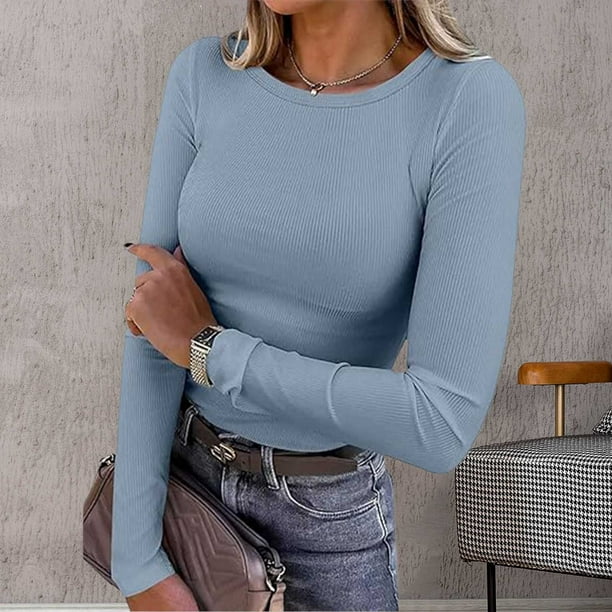 MKLEKYY Camiseta Mujer Camiseta Básica Informal Ajustada De Manga Larga Con Cuello Redondo Y Canalé Para Mujer 166 Talla S