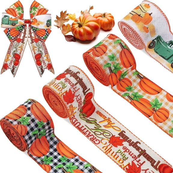 Monebena 4 Rolls Fall Pumpkin Craft Ribbons for Wreath Bows, 2.5"×5 Yards Thanksgiving Wired Edge Ribbons Orange Burlap Ribbon Autumn Leaves Wired Ribbons for Crafting Sewing DIY Crafts Supplies M01