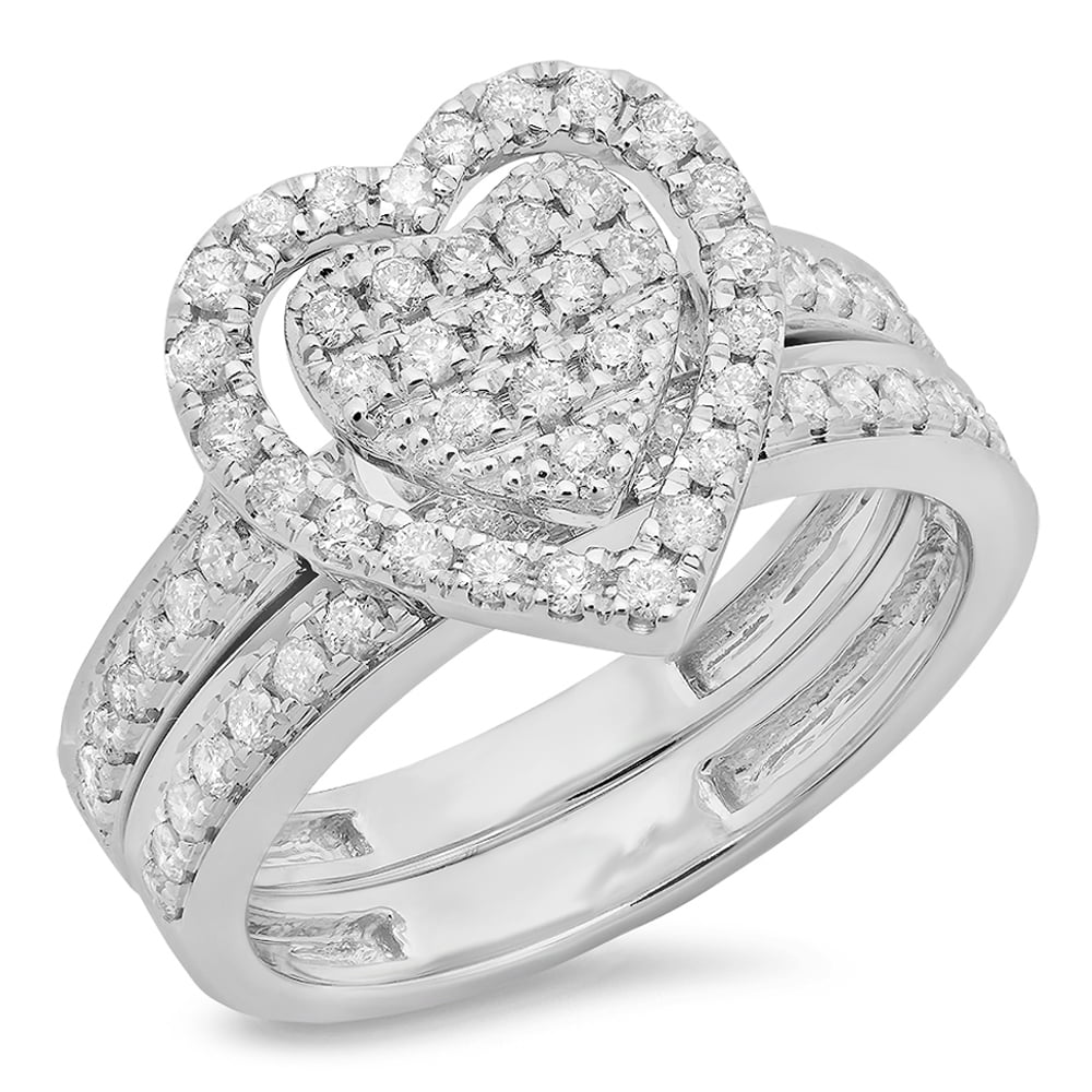 Sterling Silver Round Diamond Heart Shaped Bridal Engagement Ring Set