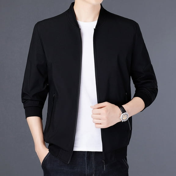 LEEy-world Mens Jackets Lightweight Men's Cotton Cargo Jackets Lightweight Coats Stand Collar Full Zip Jacket Windbreaker 4 Pockets Black,XXL