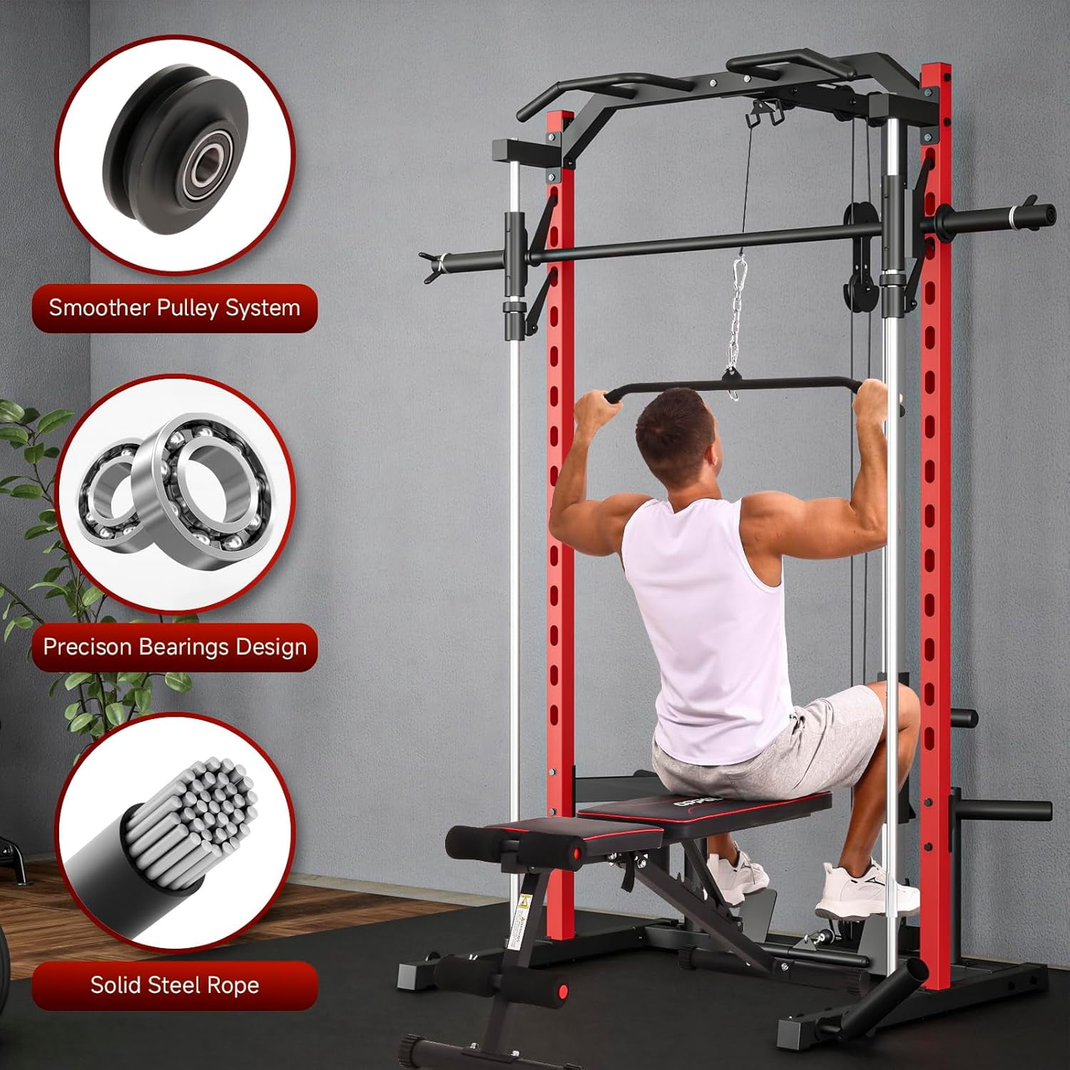 VIBESPARK Smith Machine Squat Rack, All-in-One Power Rack Cage with LAT-Pull Down System & Cable Machine, Power Cage with Barbell Bar, Weight Storage and More Attachment for Home Gym Workout