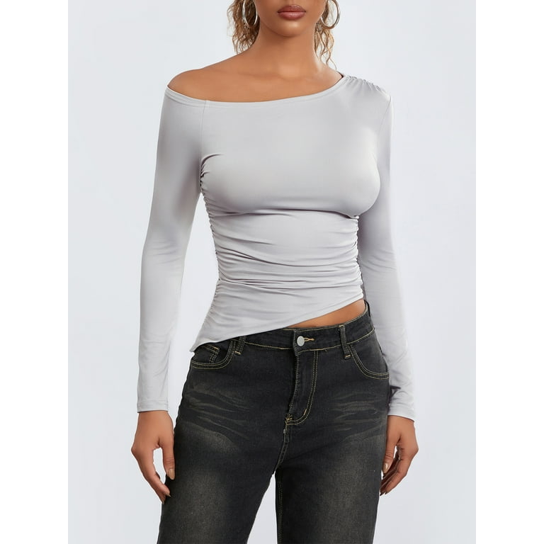 Women's Spring Summer Fitted Tops Long Sleeve Irregular Off