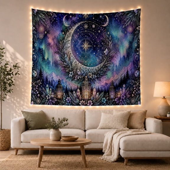 Celestial Crescent Moon Over Mystical Mountains Scene, Dreamy Boho for Space Enthusiasts, Celestial Wall Art Decor, Housewarming Gift, Tapestry Wall Hanging for Bedroom and Living Room