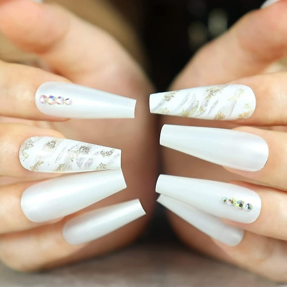 Extra Long Coffin Press On Nails Matte Ombre Rhinestone Fake Nails With 3d Clear Bling Bow Design 30pcs Glitter Acrylic