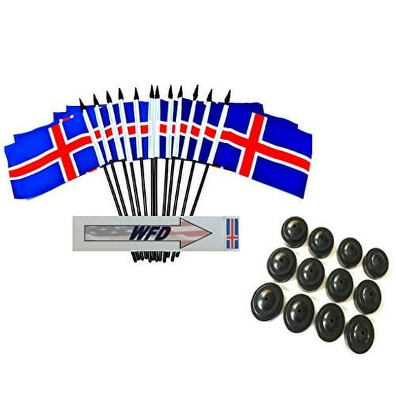 Pack of 12 4"x6" Iceland Polyester Miniature Office Desk & Little Table Flags, 1 Dozen 4x6 Icelandic Small Mini Handheld Waving Stick Flags with 12 Flag Bases (Stands)