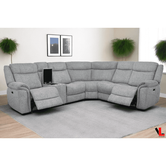 Levoluxe Braun Corner Sectional Sofa with Console, Power Recliners and Power Headrests, Tweed Ash Fabric