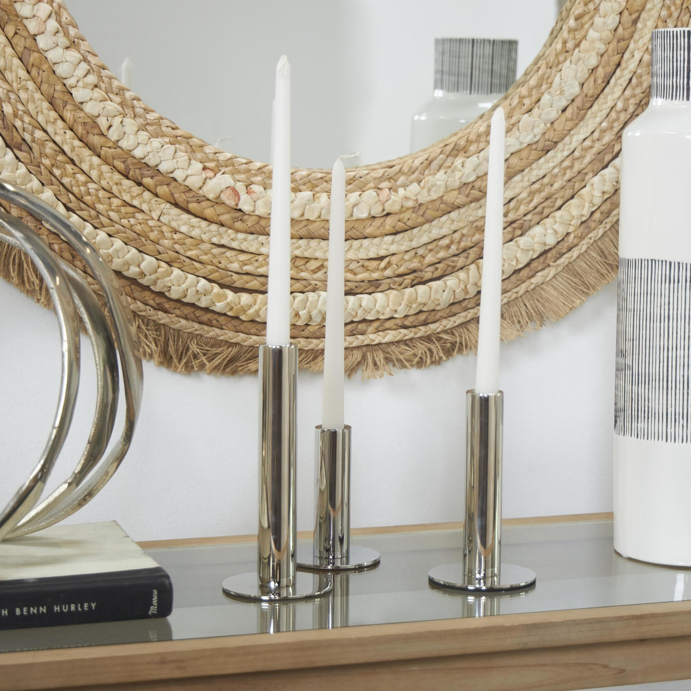 DecMode 3 Candle Silver Stainless Steel Metal Slim Candle Holder with Rounded Base, Set of 3