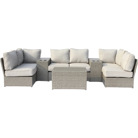 Gray HDPE Wicker Patio Sofa Set for 4 with Tempered Glass Table & Thick Cushions