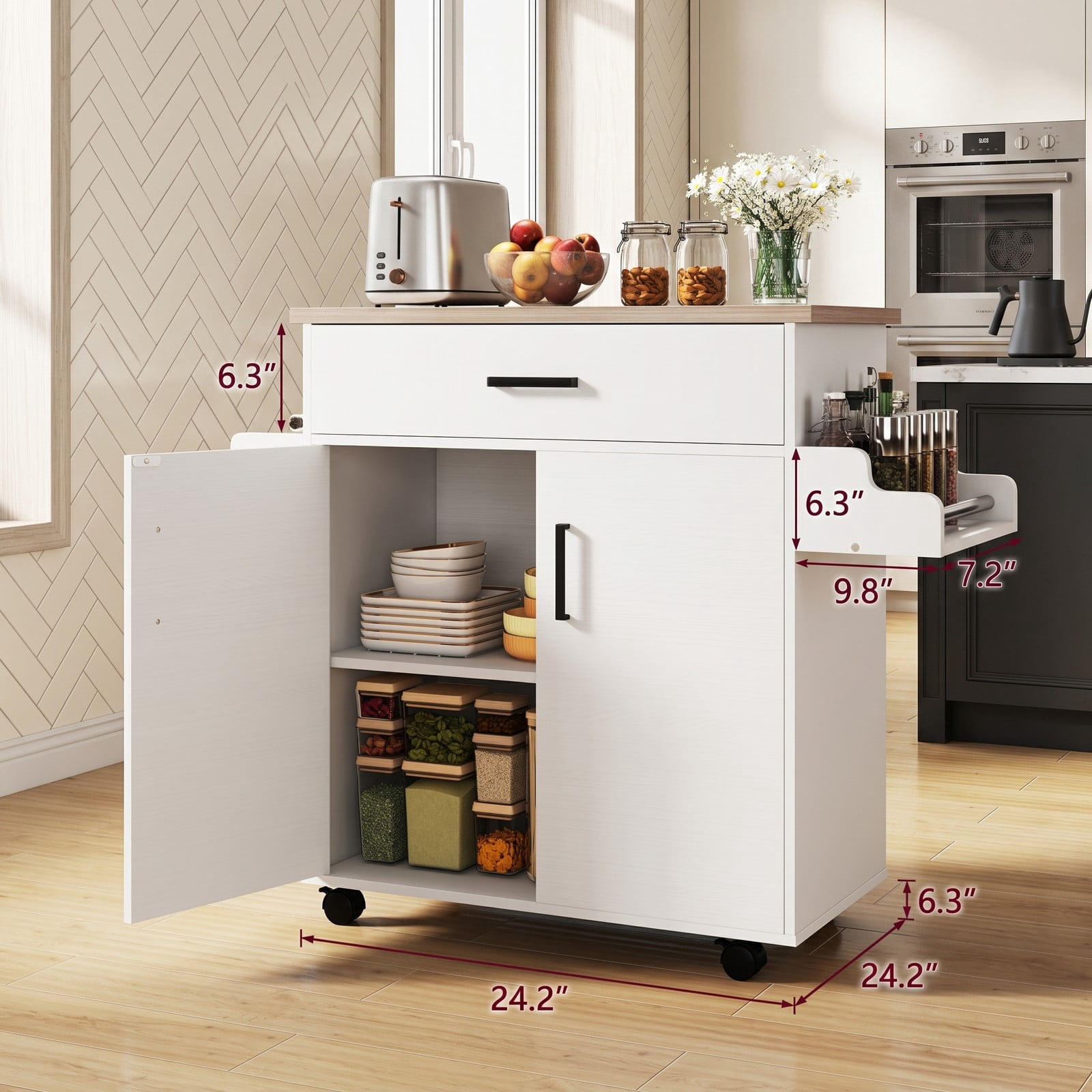 Furnibear Rolling Kitchen Island Cart with Storage Drawer, 2-Tier Cabinet, Spice Rack and Towel Bar, Portable Utility Cart on Locking Wheels for Kitchen Dining, White