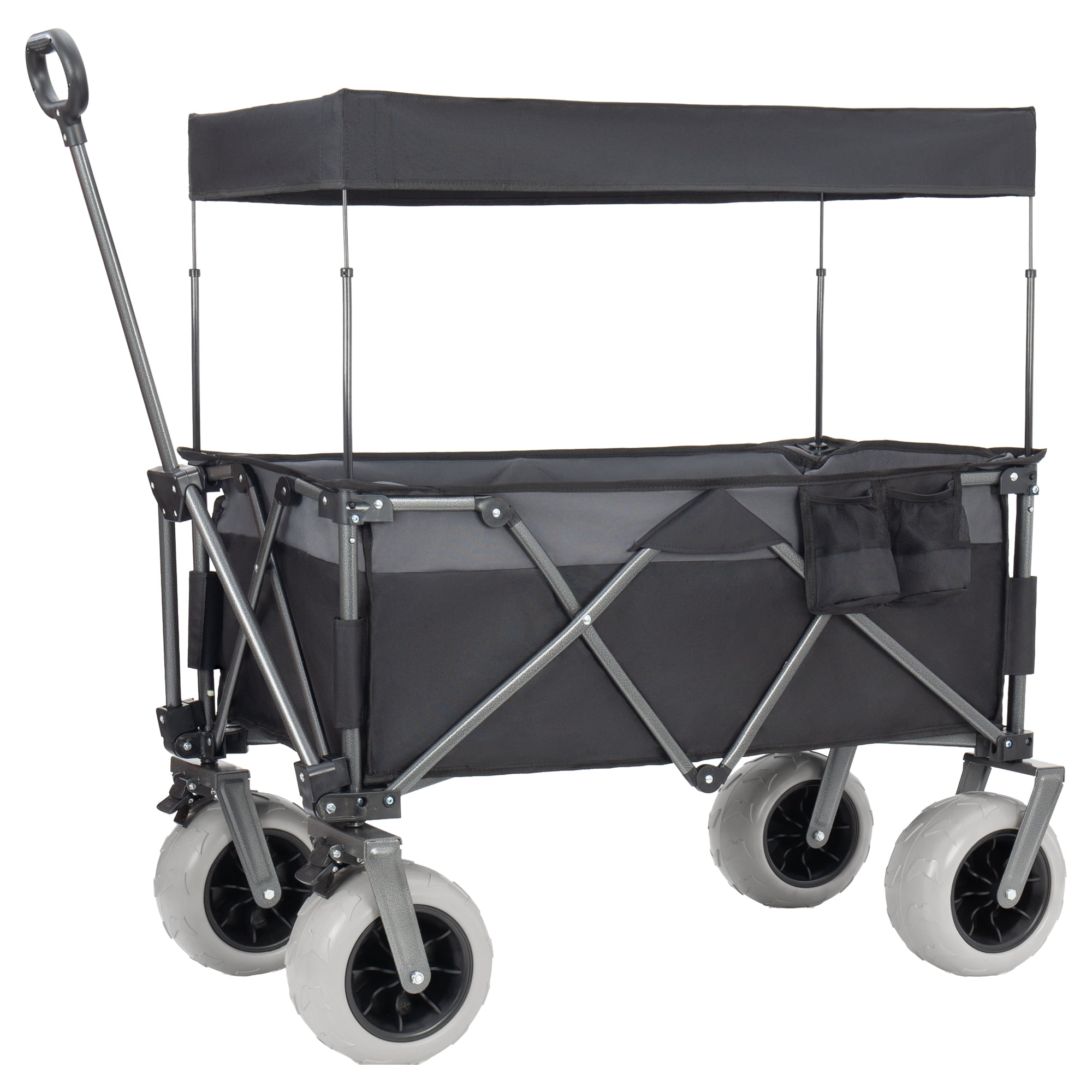 Foldable Utility Wagon with Removable Awning Canopy, 9" All-Terrain Balloon Wheels, 480LBS 120L Heavy Duty Beach Cart Adjustable Handle for Camping Shopping Outdoor Use