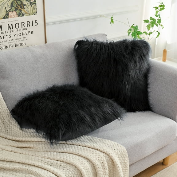 REGALWOVEN Faux Fluffy Throw Pillow Covers with Zipper Closure Set of 2, Black 18" x 18"