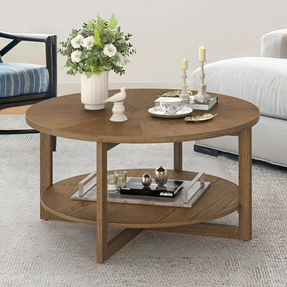 Round Coffee Table, 35" Rustic Modern Circle Coffee Tables with 2-Tier Storage Shelf, Wood Coffee Table for Living Room, Dark Wood