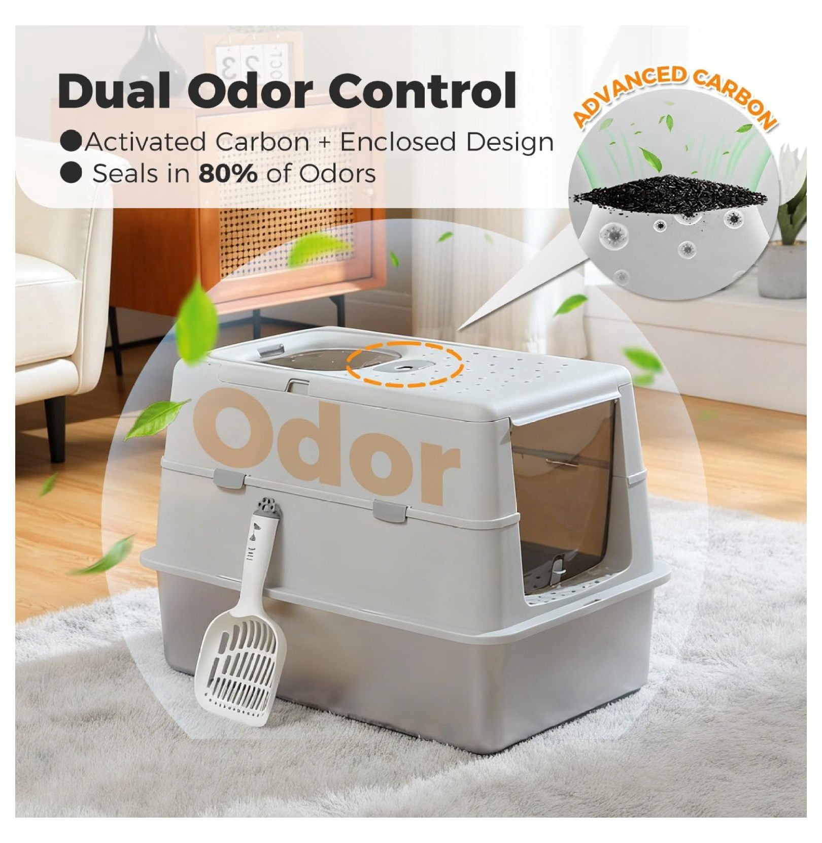 Extra Large Stainless Steel Litter Box with Lid & Odor Control, 3-in-1 Cat Litter Box with High-Sided for Big Cats & Multi-Cats, Non-Stick Metal Pan, Front Entry Top Exit, Includes , Grey
