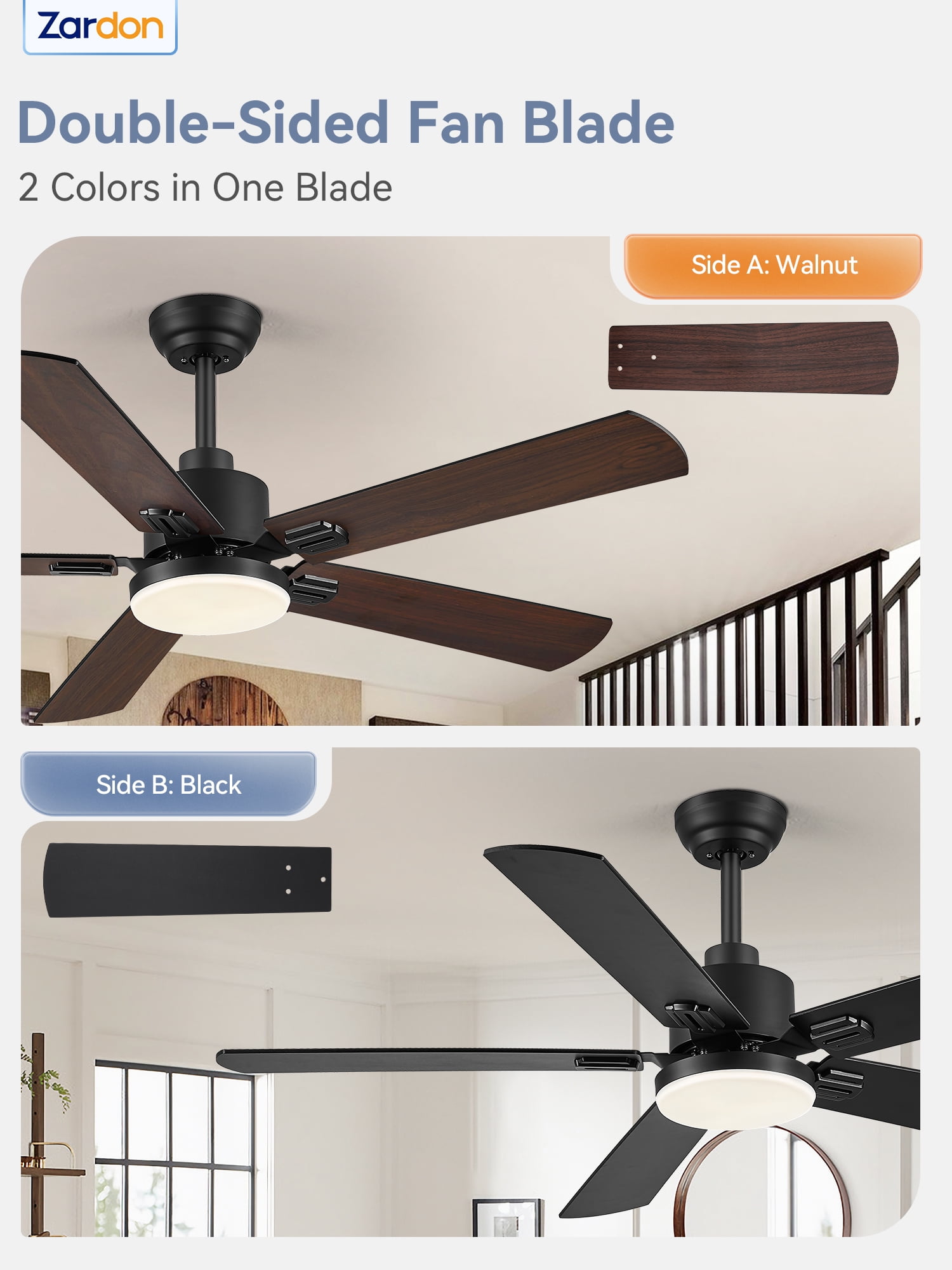 Zardon 52" 2 Pack Ceiling Fan with Light and Remote Control, Ultra-Quiet DC Motor, 6 Speed, Dimmable and Timer for Bedroom and Living Room, Indoor