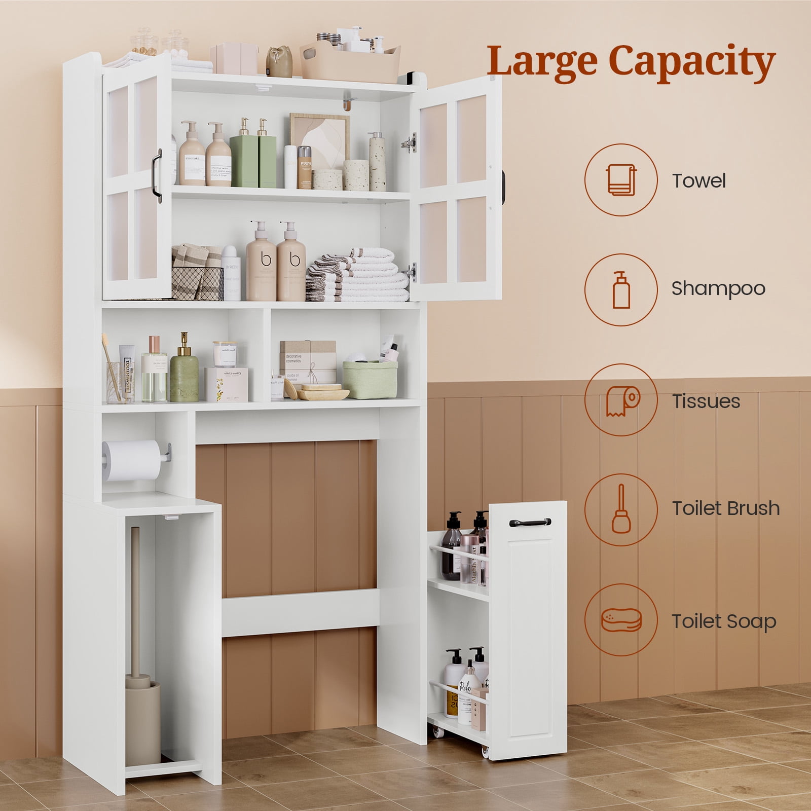 Over The Toilet Storage Cabinet with Frosted Door, Bathroom Storage Cabinet W/Adjustable Shelf for Bathroom, Restroom, Laundry, White