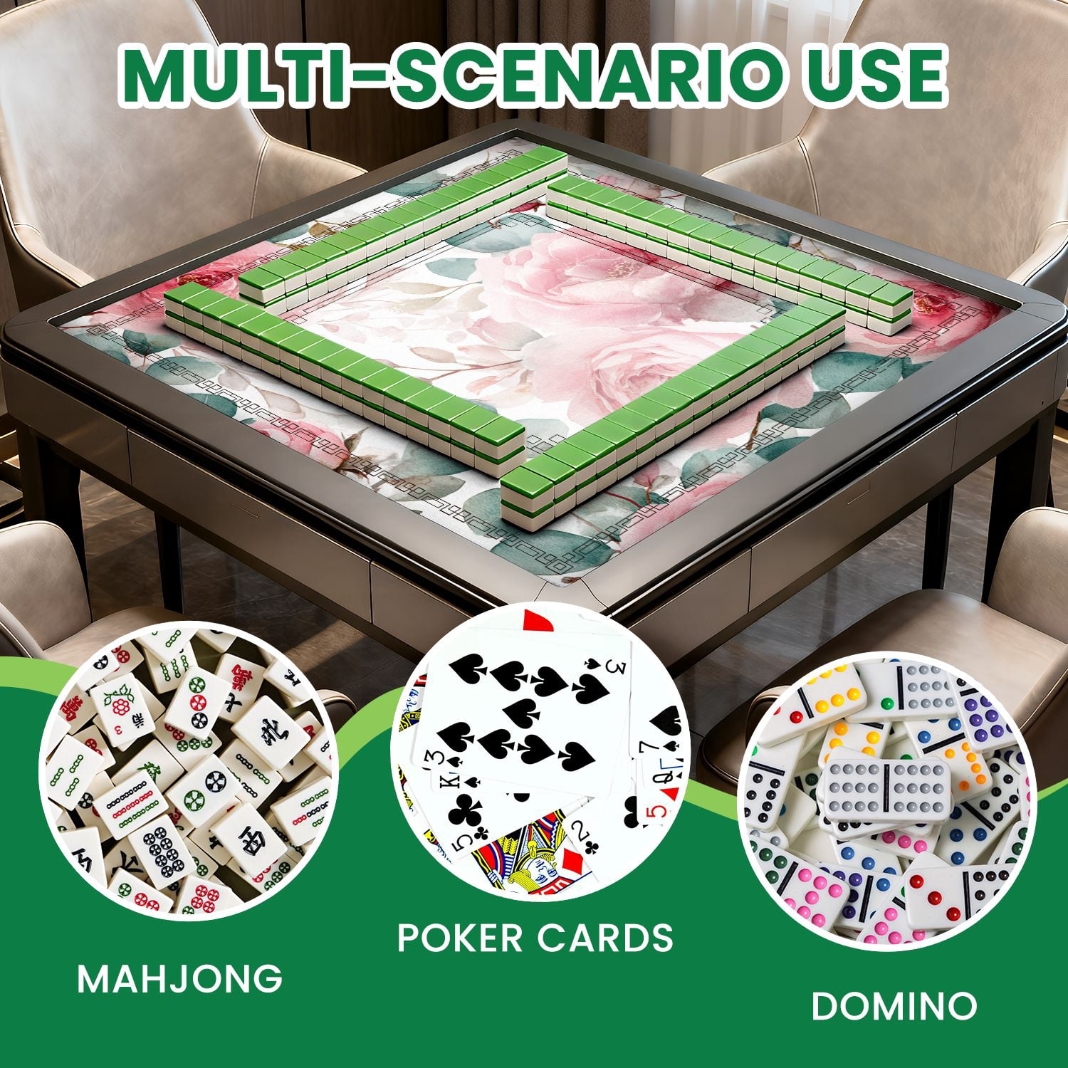 Mahjong Mat 31.5" x 31.5" Seamless watercolor floral pink flowers green leaves Non-Slip Noise Reduction American Mahjong Tiles Table Cover for Dominoes Poker Card Board Games Gift
