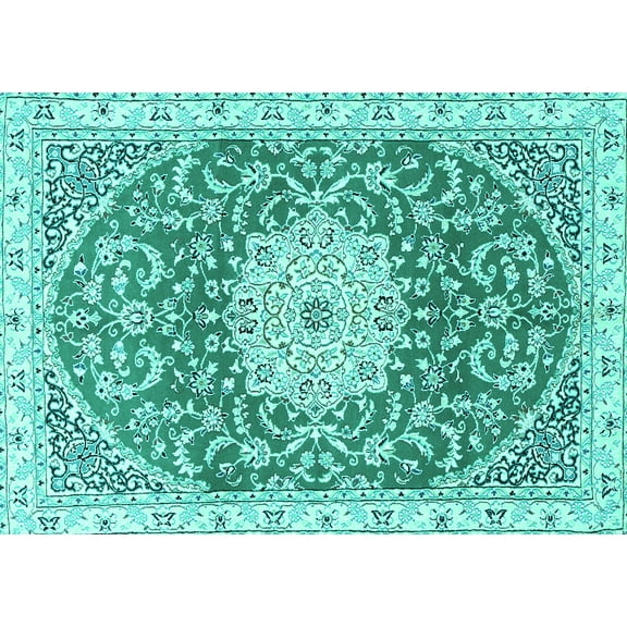 Ahgly Company Machine Washable Indoor Rectangle Medallion Turquoise Blue Traditional Area Rugs, 5' x 7'