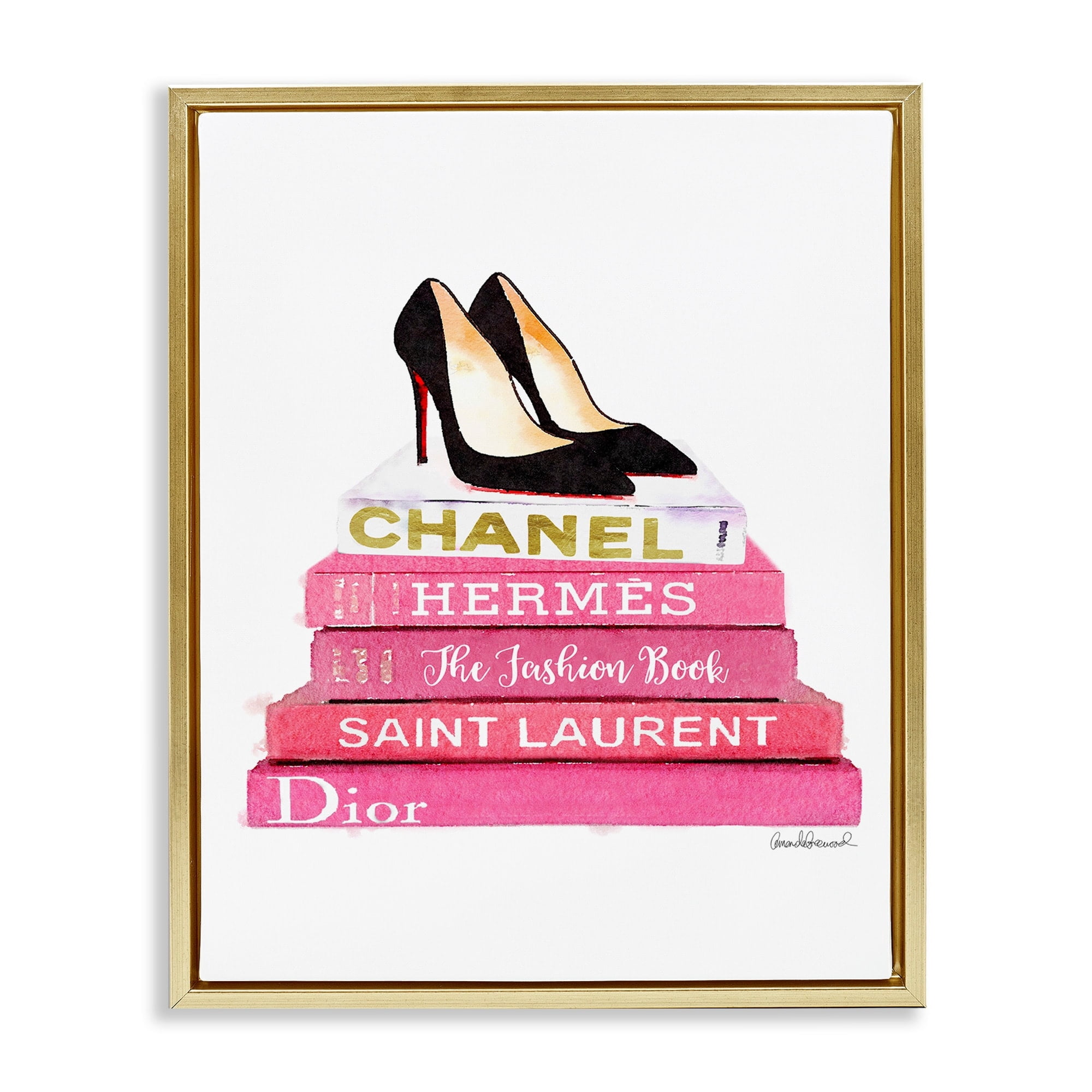 Stupell Industries Glam Pink Fashion Books Black Pump Hells Metallic Gold Framed Floating Canvas Wall Art, 24x30, by Amanda Greenwood