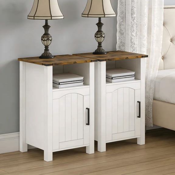 Evmore 2 Piece Farmhouse Nightstand with Charging Station，Storage Shelves Bedside Tables for Bedroom Modern Wood Side Table Living Room