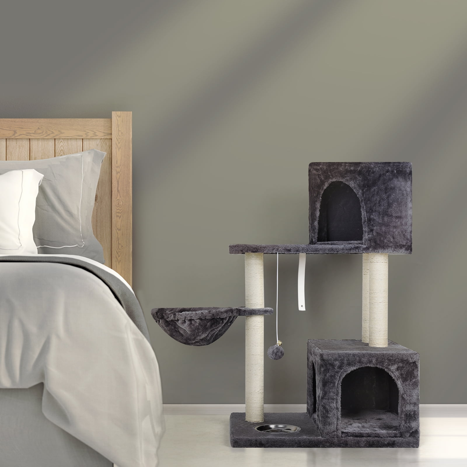 OYEAL 37'' Multi-Level Cat Tree Indoor, Multi Level Play Tower with Scratching Posts, Fur Ball & Feeding Bowl for Climbing & Resting (Grey)