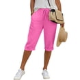 thumbnail image 3 of Qiopertar Women's Casual Drawstring Elastic Waist Faux Denim Capri Pants Solid Color Fashion Cropped Trousers Relaxed Fit Spring Summer Comfy Pants, Hot Pink XL, 3 of 6