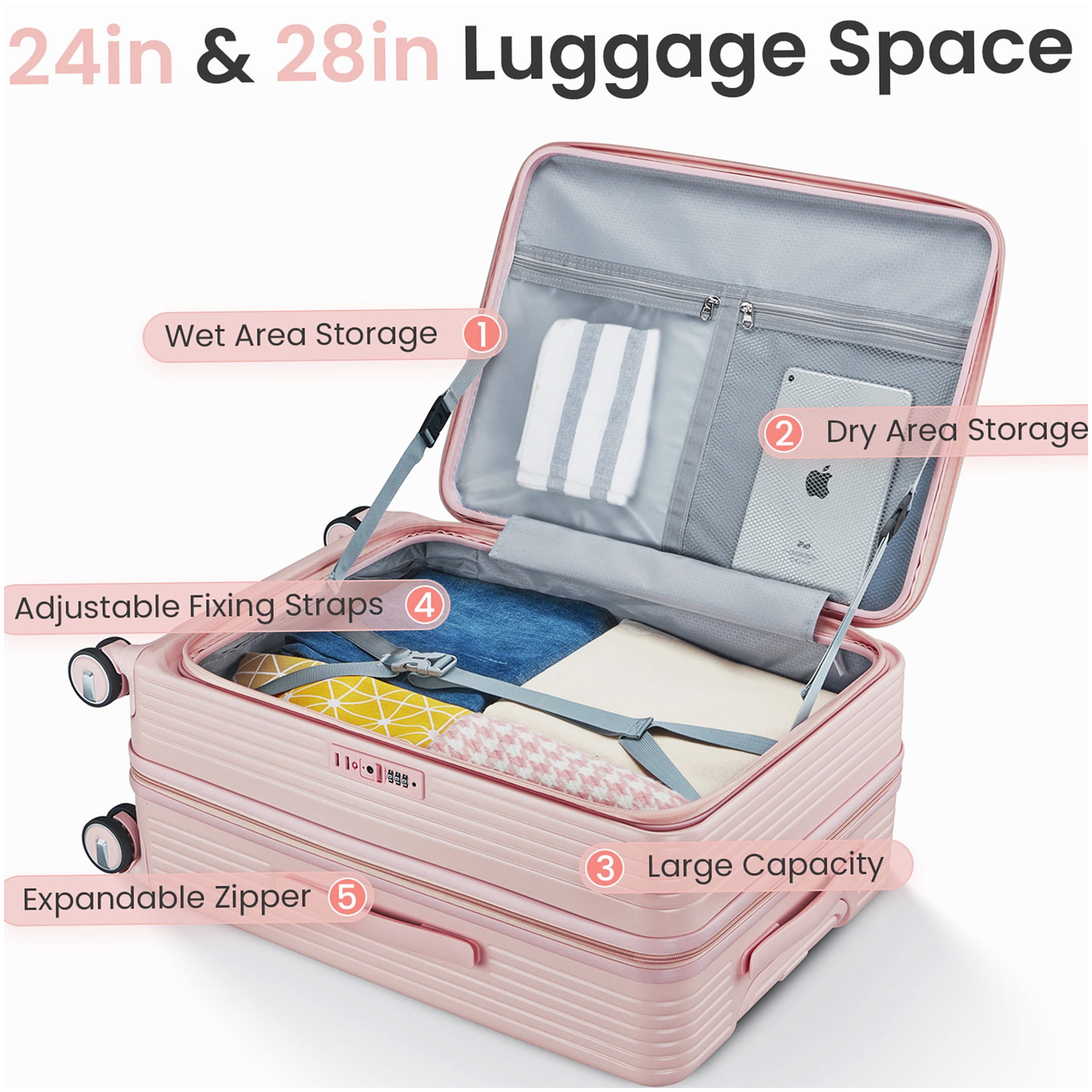 Airline Approved Pink PC Luggage Set 20/24/28, Lightweight Expandable Suitcase with TSA Lock