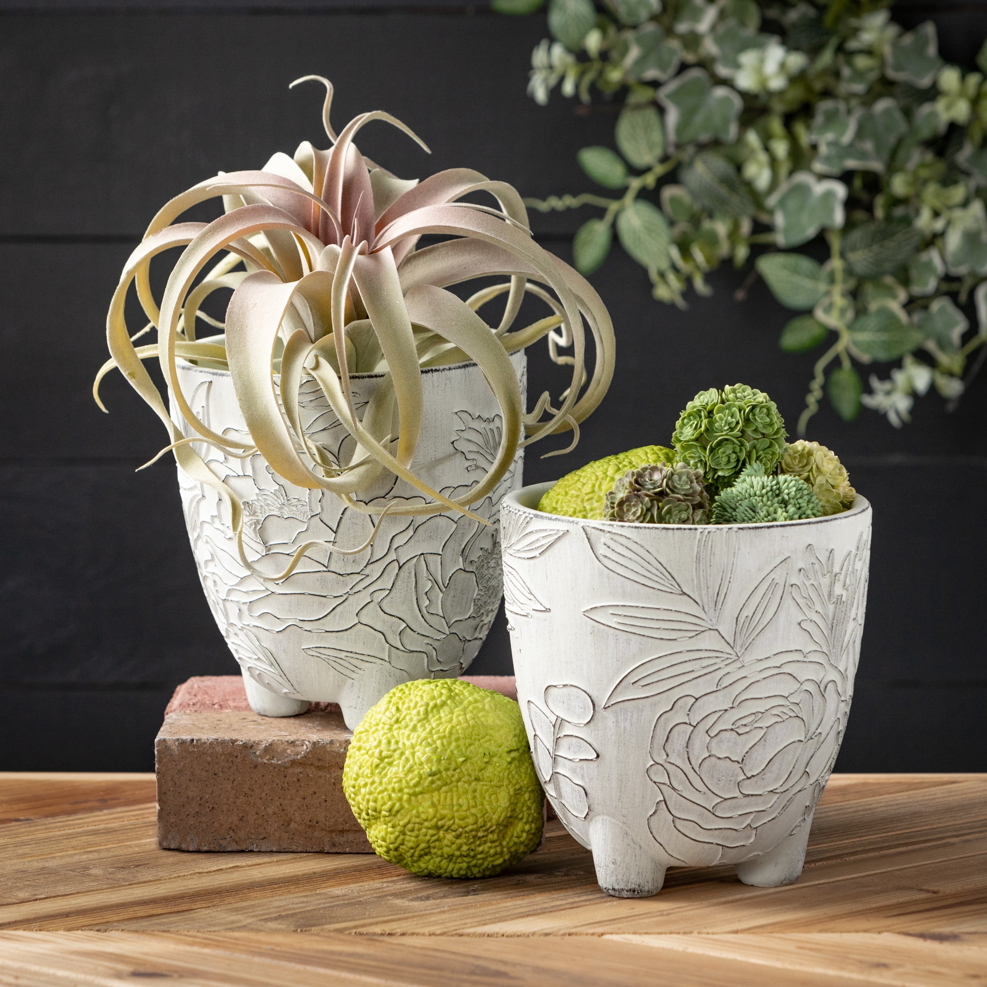 7.5"H Sullivans Large Cement Floral Line Art Pots Set of 3, Gray
