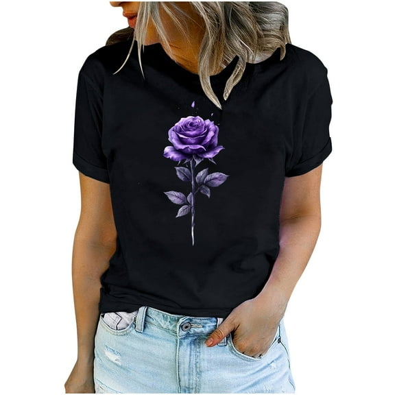 Womens Valentine's Day Shirts Rose Print Basic Tees Girl Friend Gift Tshirts Cute Short Sleeve Tops