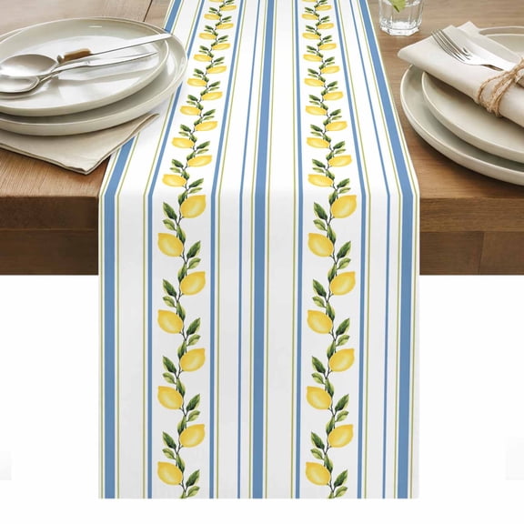 Lemon Table Runner 13 x 72 Inch, Blue Striped Washable Cotton Linen Dining Table Runner Tabletop Decorations for Restaurant Home Kitchen Party