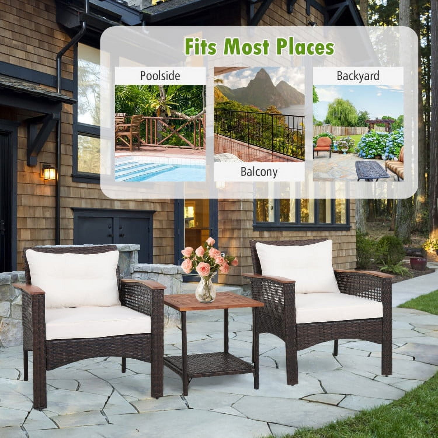 Aimee Lii 3 Pieces Patio Rattan Furniture Set with Acacia Wood Tabletop, Outdoor Patio Furniture