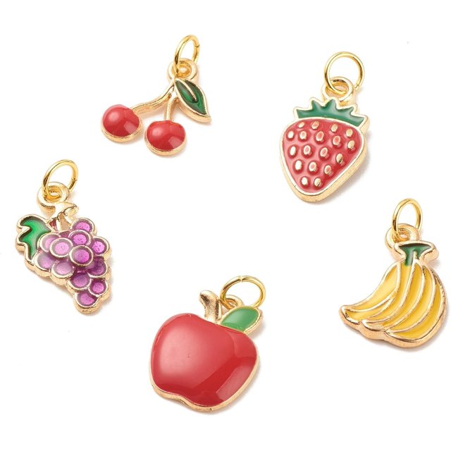10 colgantes de aleación de esmalte con forma de plátano y fresa, accesorios de joyería para mujer, para hacer collares, pulseras y pendientes, colores variados, 13~17 x 9~12 x 2~2,5 mm.