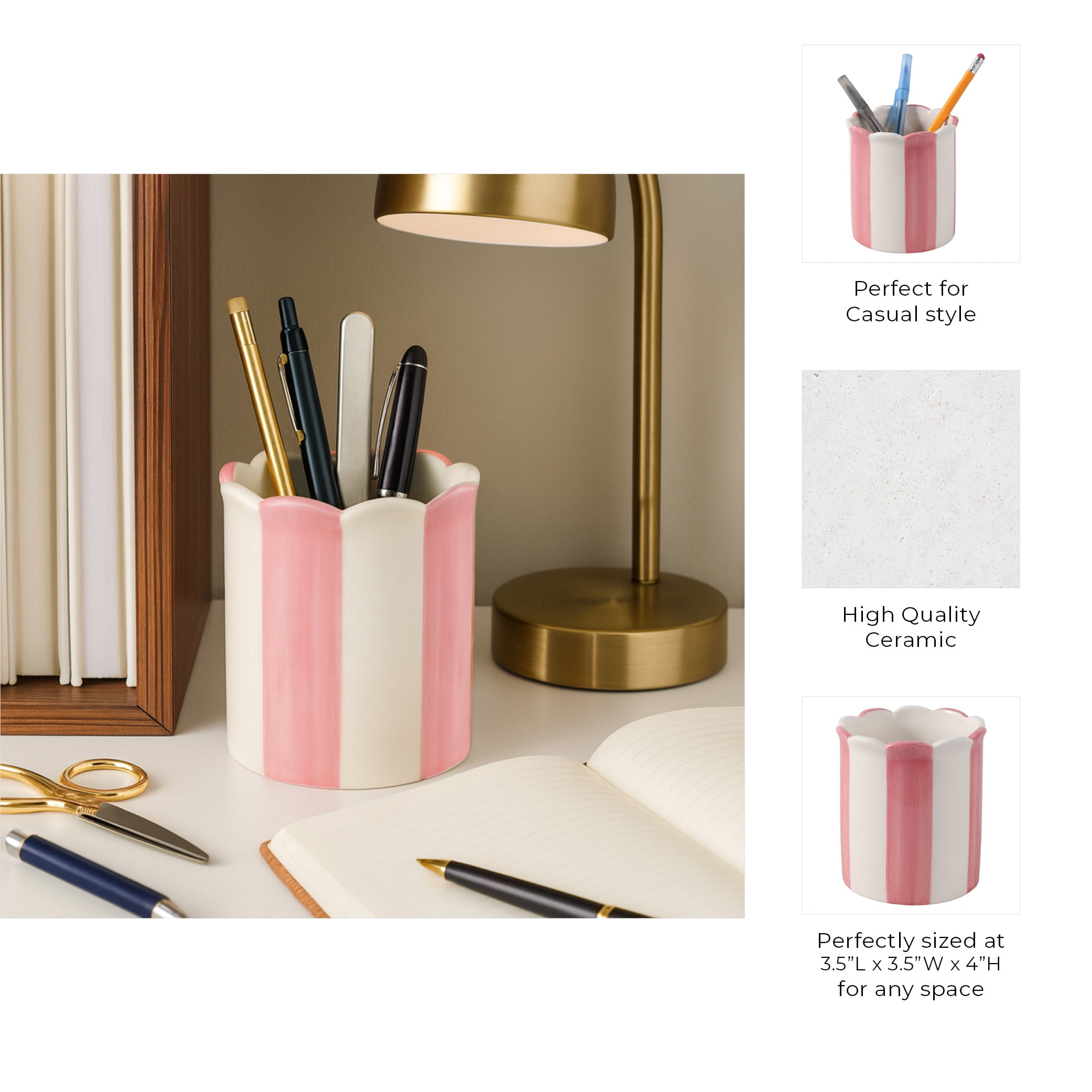 Minimalist Striped Desktop Organizer for Home Decor - Office Accessory for Small Desk, Workspace, or Storage Decor - Decorative Desk Organizer for Bedroom and Bathroom Decor - 4", Pink & Ivory