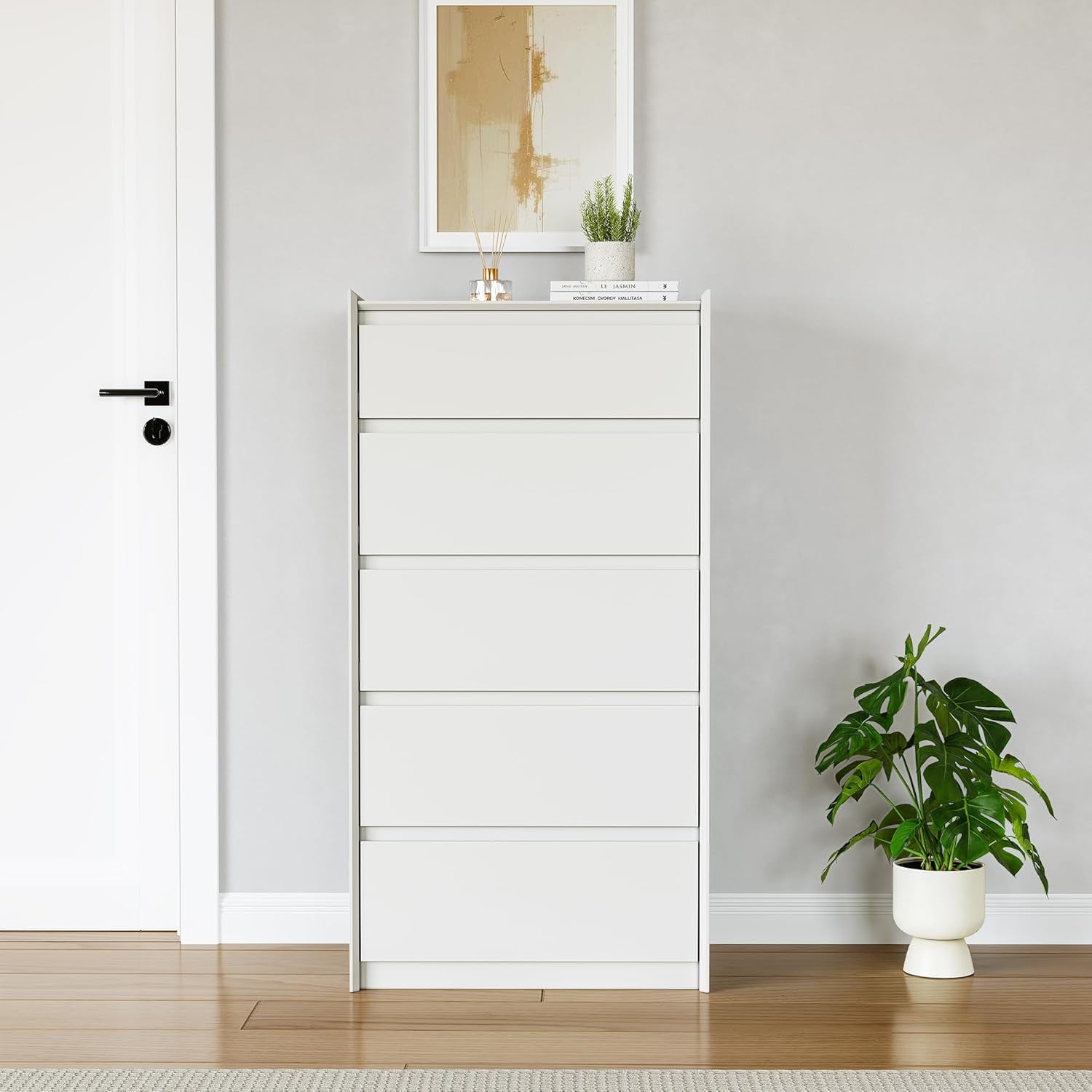 White Tall Dresser, 5 Drawer Dresser for Bedroom, Wood Chest of Drawers, Modern Storage Cabinet for Living Room