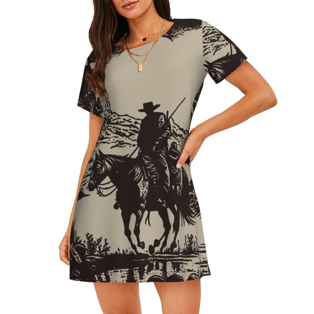 Easygdp Western Desert Cowboy Camisón de manga corta para mujer, informal, estampado