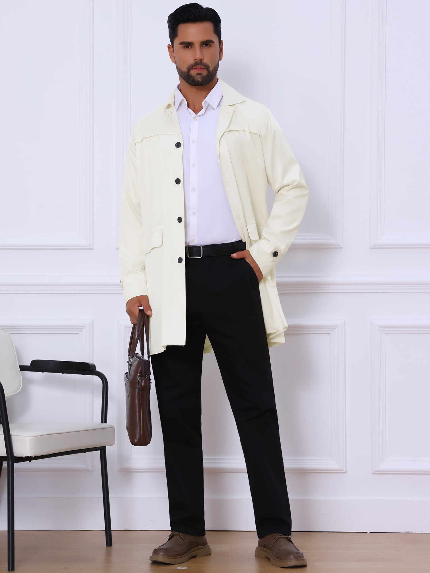 DARING DIVA Men's Trench Coat Lightweight Single Breasted Jacket Overcoat S White