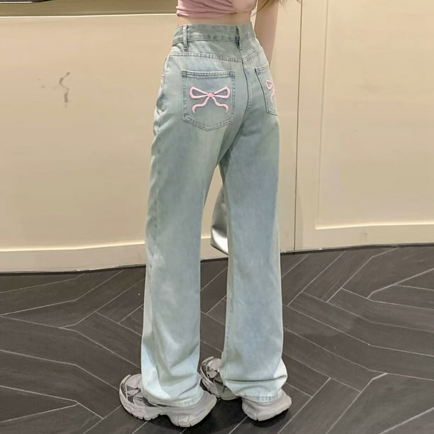 WILLBEST Pantalones Casuales para Mujer, Ajustados, de Cintura Alta, de Pierna Ancha, Vaqueros con Detalle de Lazo Bordado, Ligeros, de Verano, para Mujeres Pequeñas. Chica