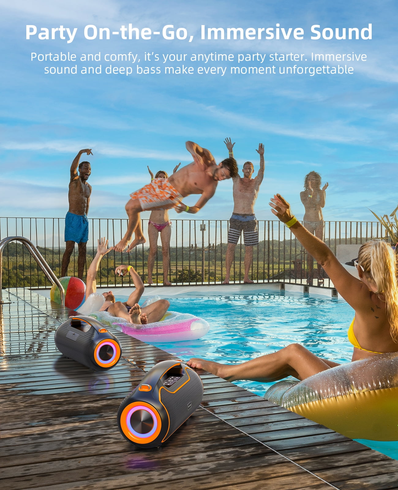 Portable Bluetooth Speaker 200W Peak,IP65 Waterproof Outdoor Wireless Speaker with 24H Playtime,Deep Bass,TWS and USB/AUX/TF Input for Party